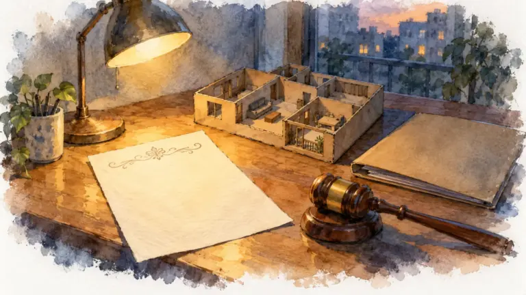 Watercolour illustration of a letter, a model flat, a folder and a gavel under a desk lamp