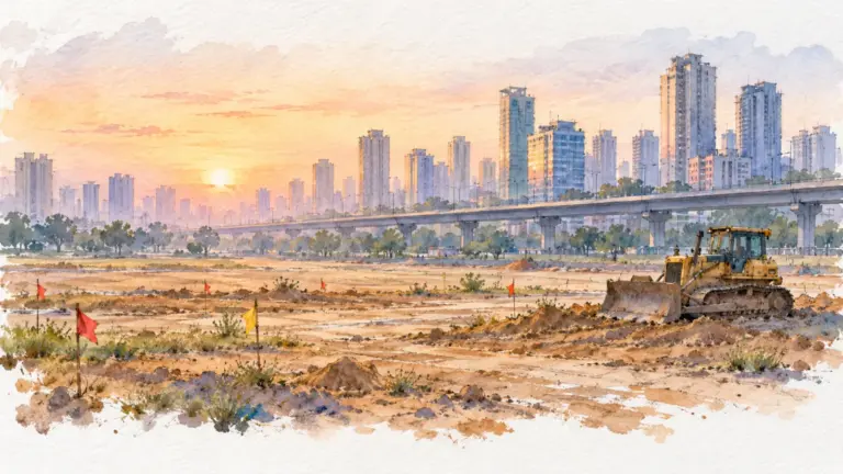 Watercolour illustration of flagged open land beside an expressway at sunrise with a bulldozer