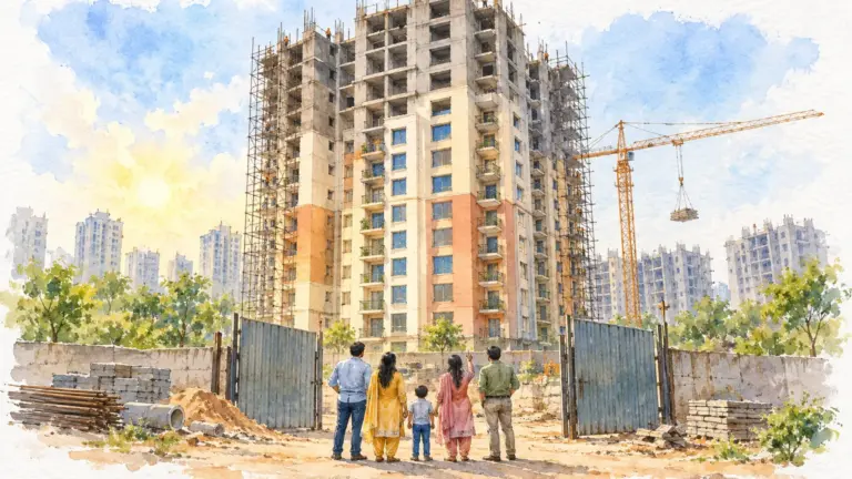 Watercolour illustration of workers finishing a long-stalled tower watched by buyers