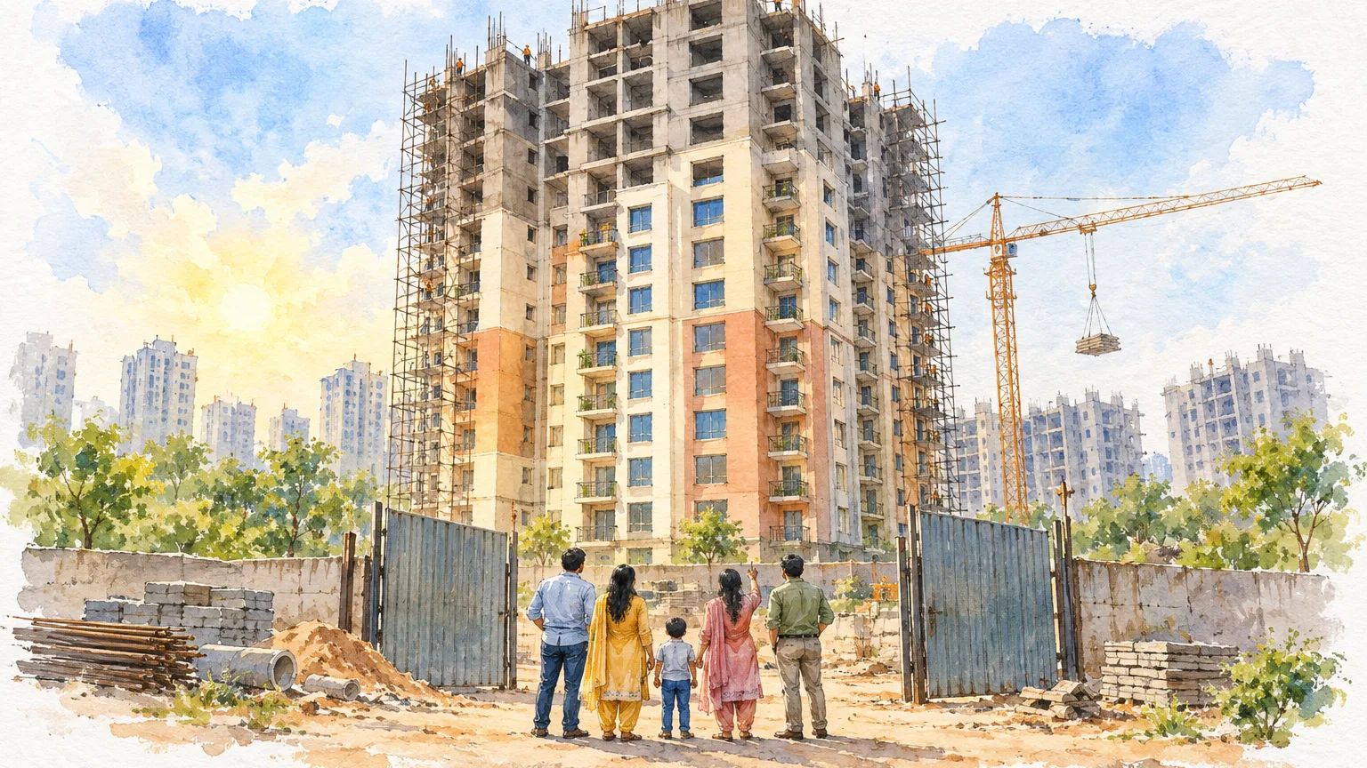 Watercolour illustration of workers finishing a long-stalled tower watched by buyers