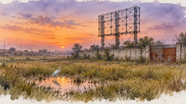 Watercolour illustration of a vacant overgrown plot with a rusty gate at dusk