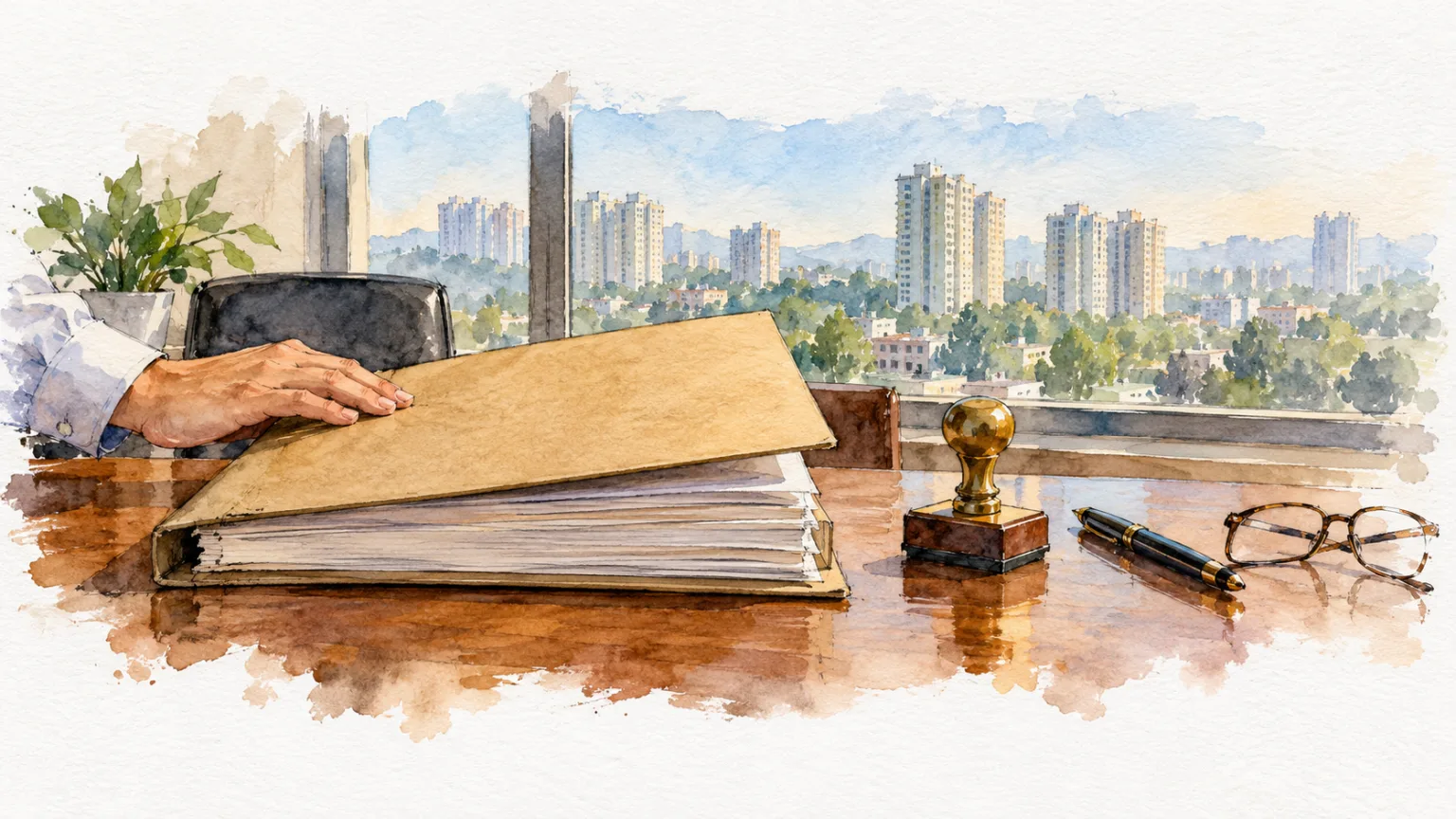 Watercolour illustration of a closed file and rubber stamp on an office desk