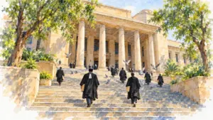 Watercolour illustration of lawyers walking up the steps of a colonnaded court building