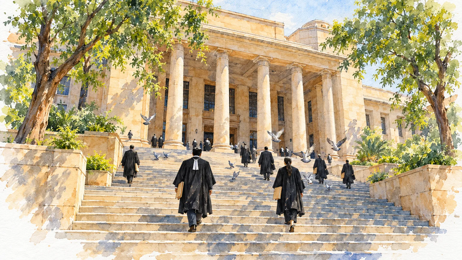 Watercolour illustration of lawyers walking up the steps of a colonnaded court building