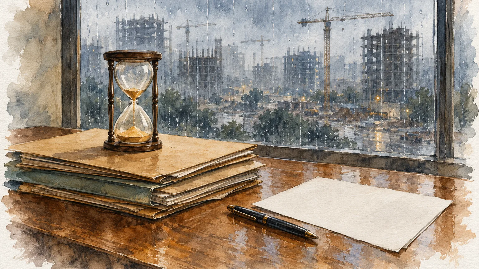 Watercolour illustration of an hourglass on files beside a rainy window with half-built towers