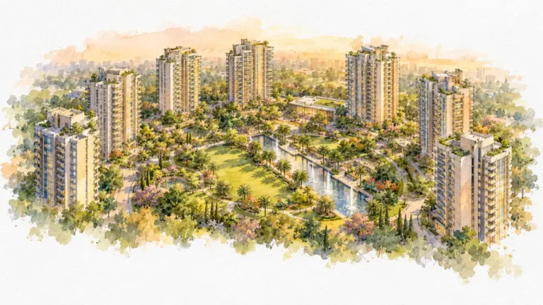 Watercolour illustration of landscaped greens with a water feature ringed by nine towers