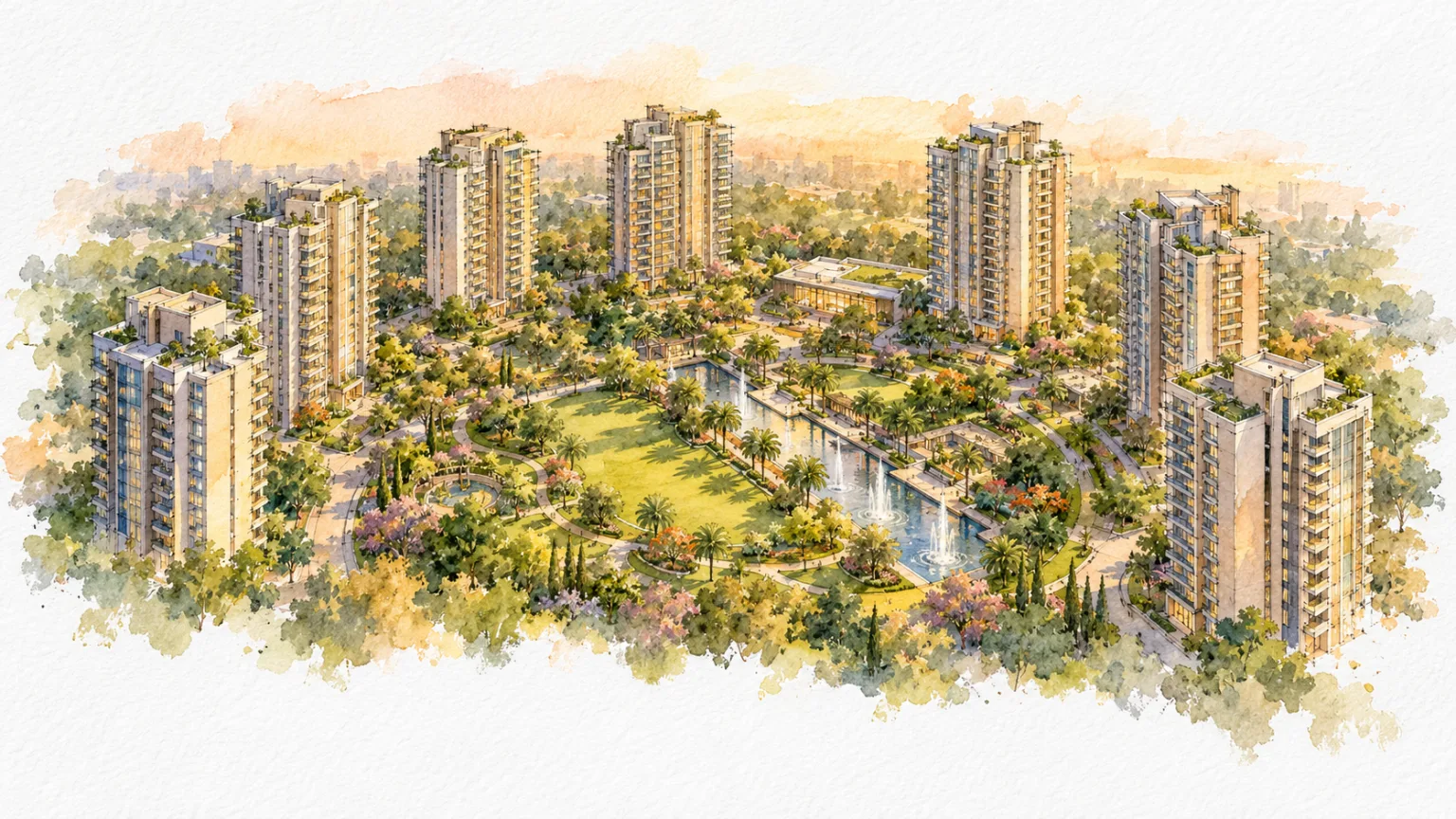 Watercolour illustration of landscaped greens with a water feature ringed by nine towers