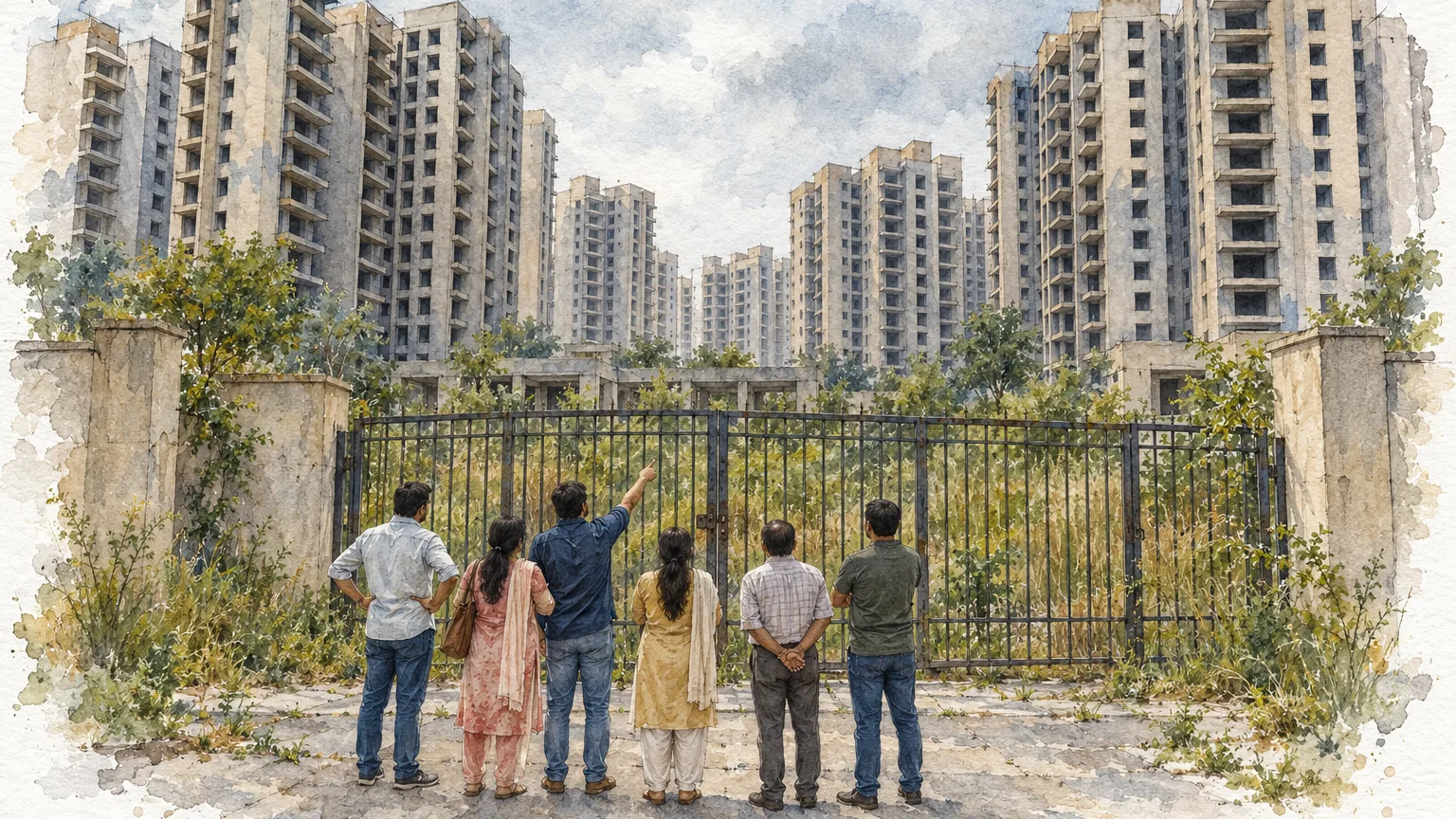 Watercolour illustration of buyers at the closed gate of a township of finished but empty towers
