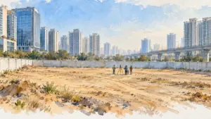 Watercolour illustration of an empty walled urban plot amid glass towers with a surveyor's tripod