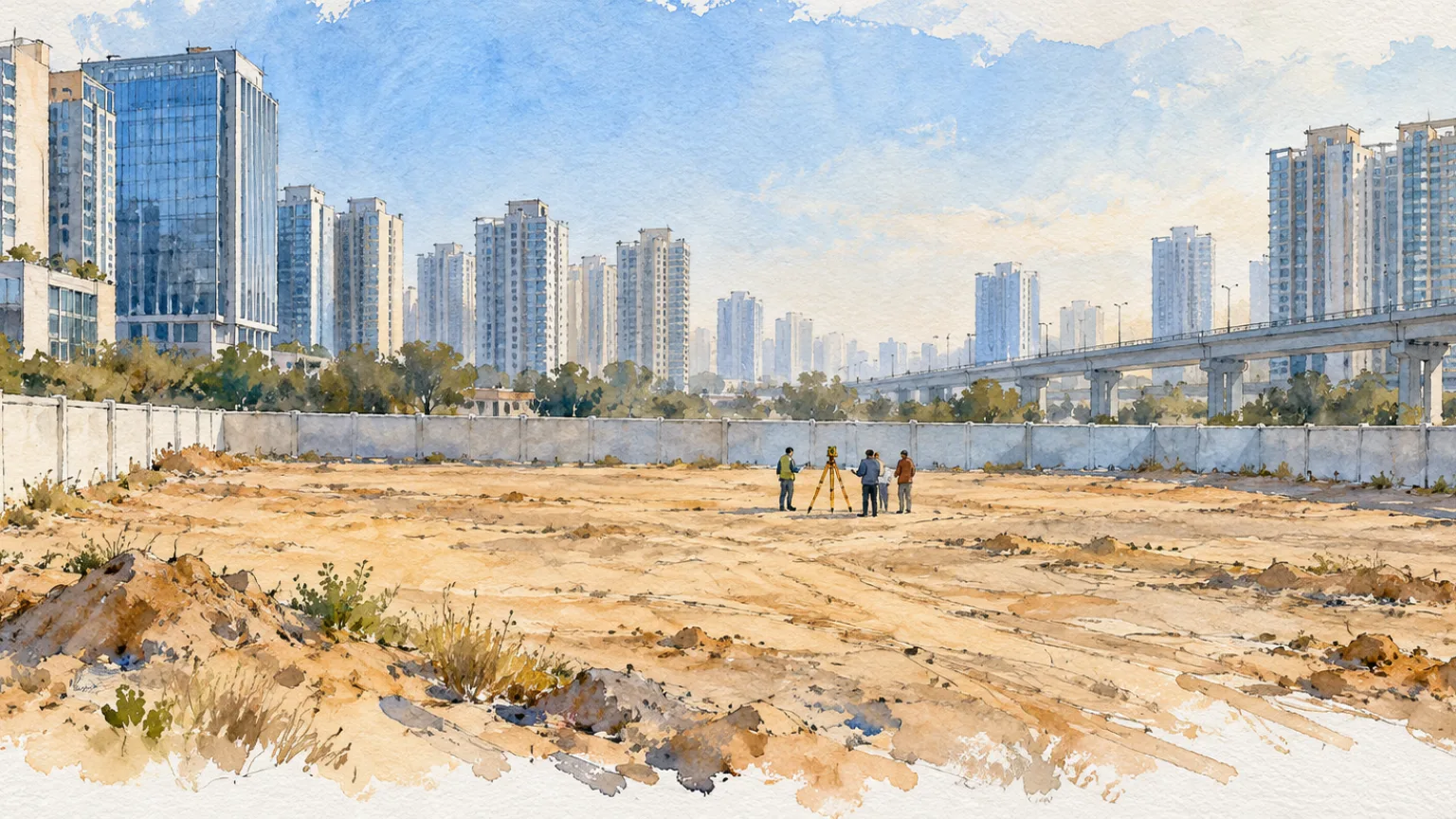 Watercolour illustration of an empty walled urban plot amid glass towers with a surveyor's tripod