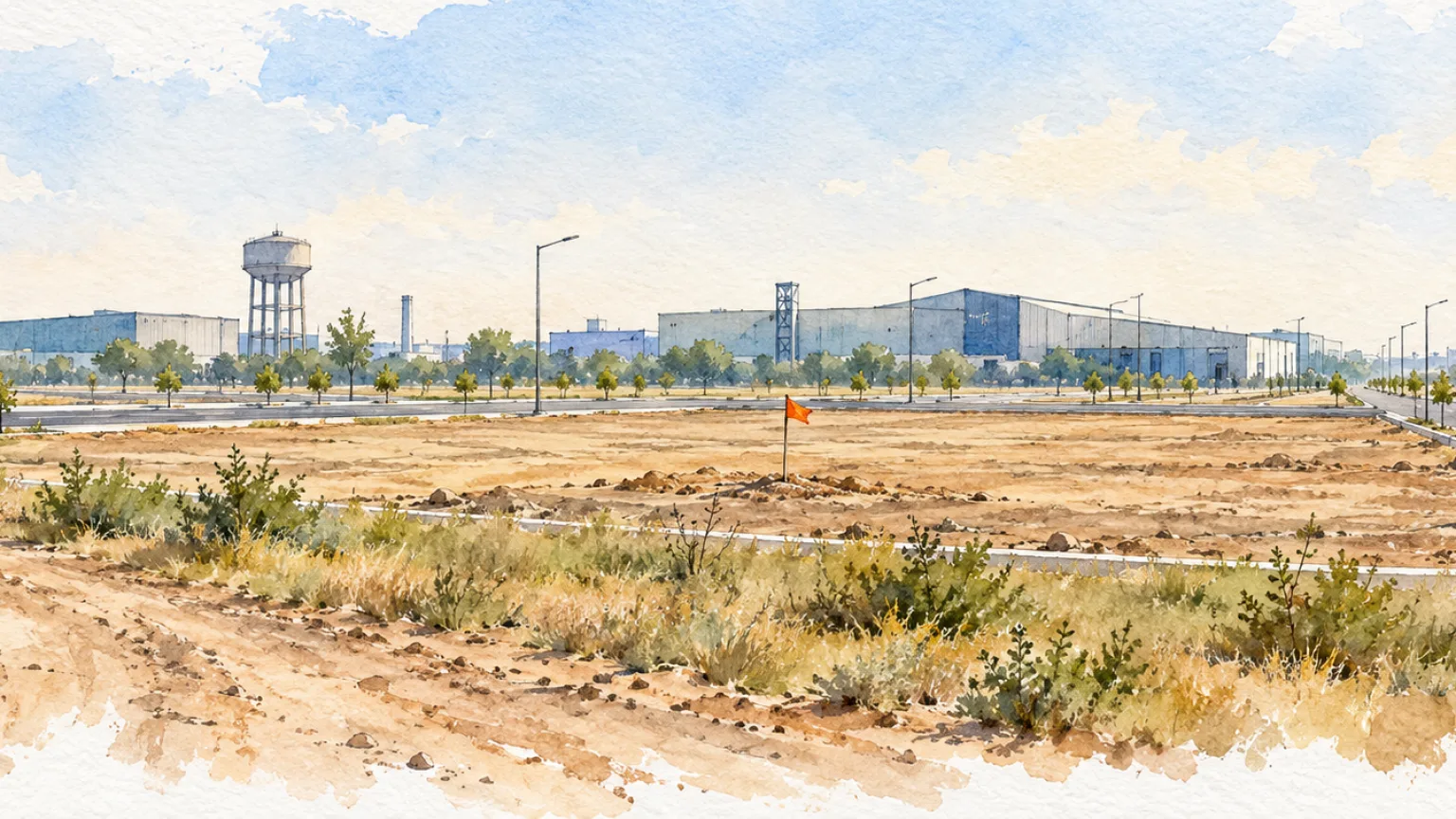Watercolour illustration of an empty plot with a surveyor flag in an industrial township
