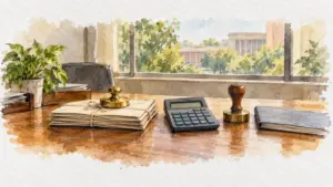 Watercolour illustration of envelopes, a seal and a closed cheque book on a government desk