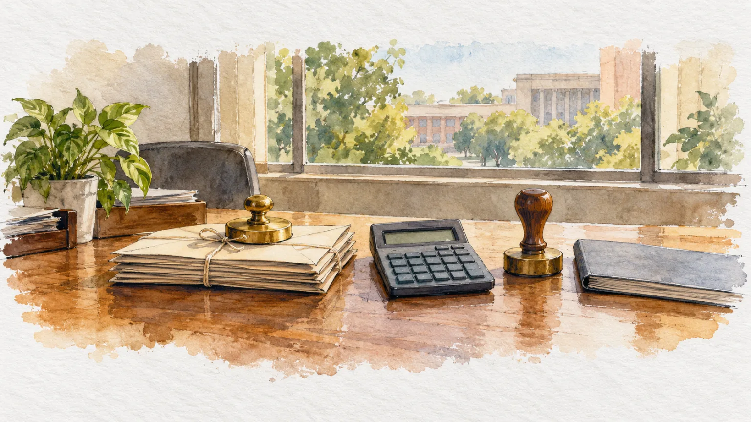 Watercolour illustration of envelopes, a seal and a closed cheque book on a government desk