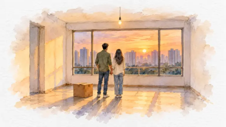 Watercolour illustration of a young couple in an empty flat watching a sunset over towers