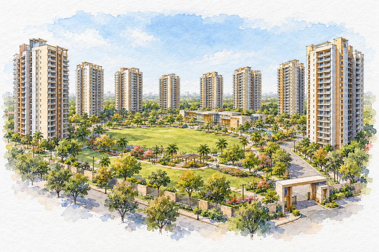 Watercolour illustration of Aanandam Residency (not the actual project)