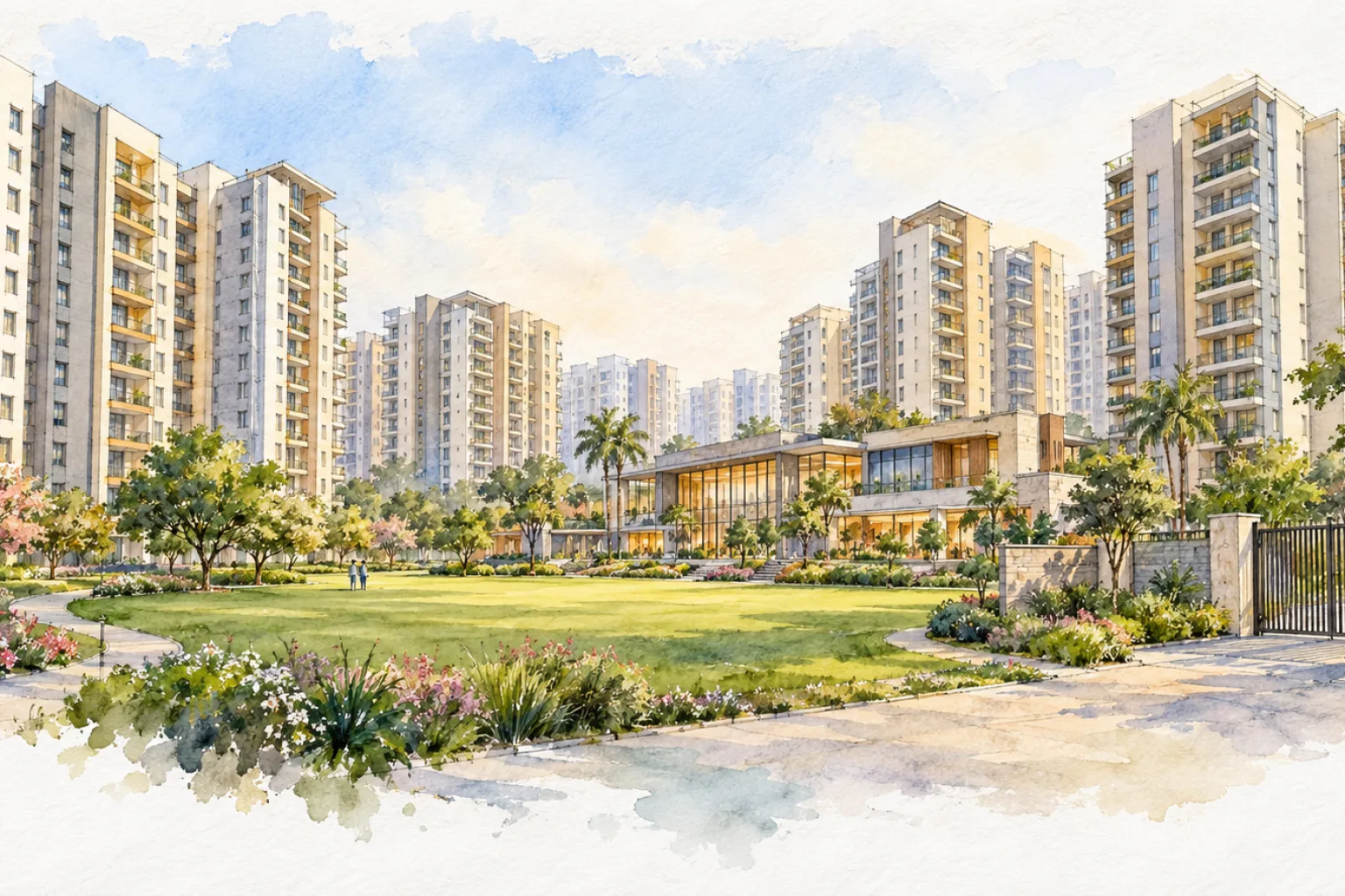 Watercolour illustration of Aaranya Greens (not the actual project)