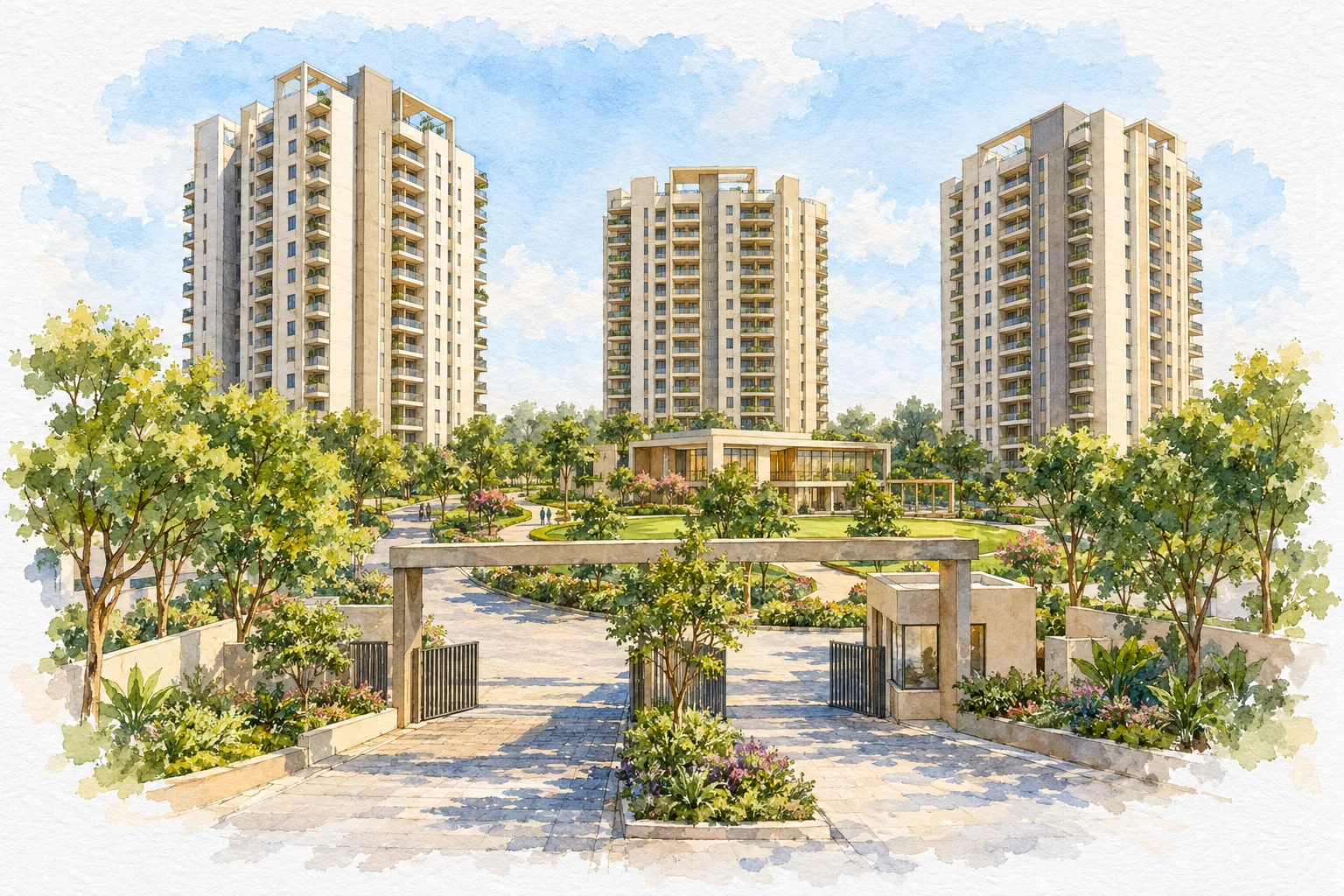 Watercolour illustration of Adore Samriddhi (not the actual project)