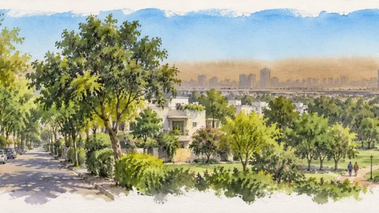 Watercolour illustration of a leafy lane under clear sky with distant haze on the horizon
