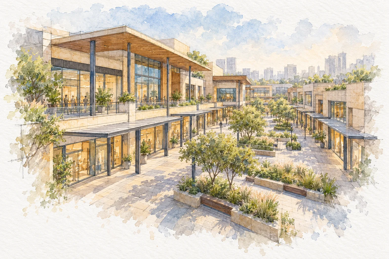Watercolour illustration of Ambience Mall Gurugram (not the actual project)