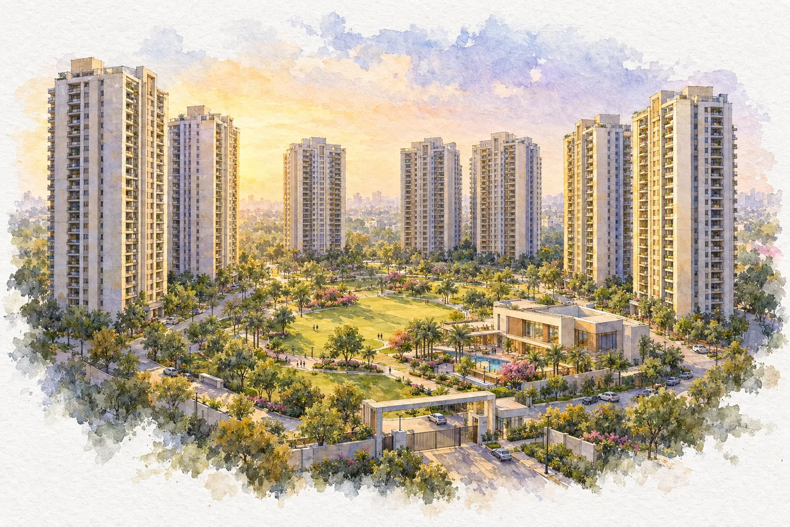 Watercolour illustration of Amrapali Adarsh Awas Yojana (not the actual project)
