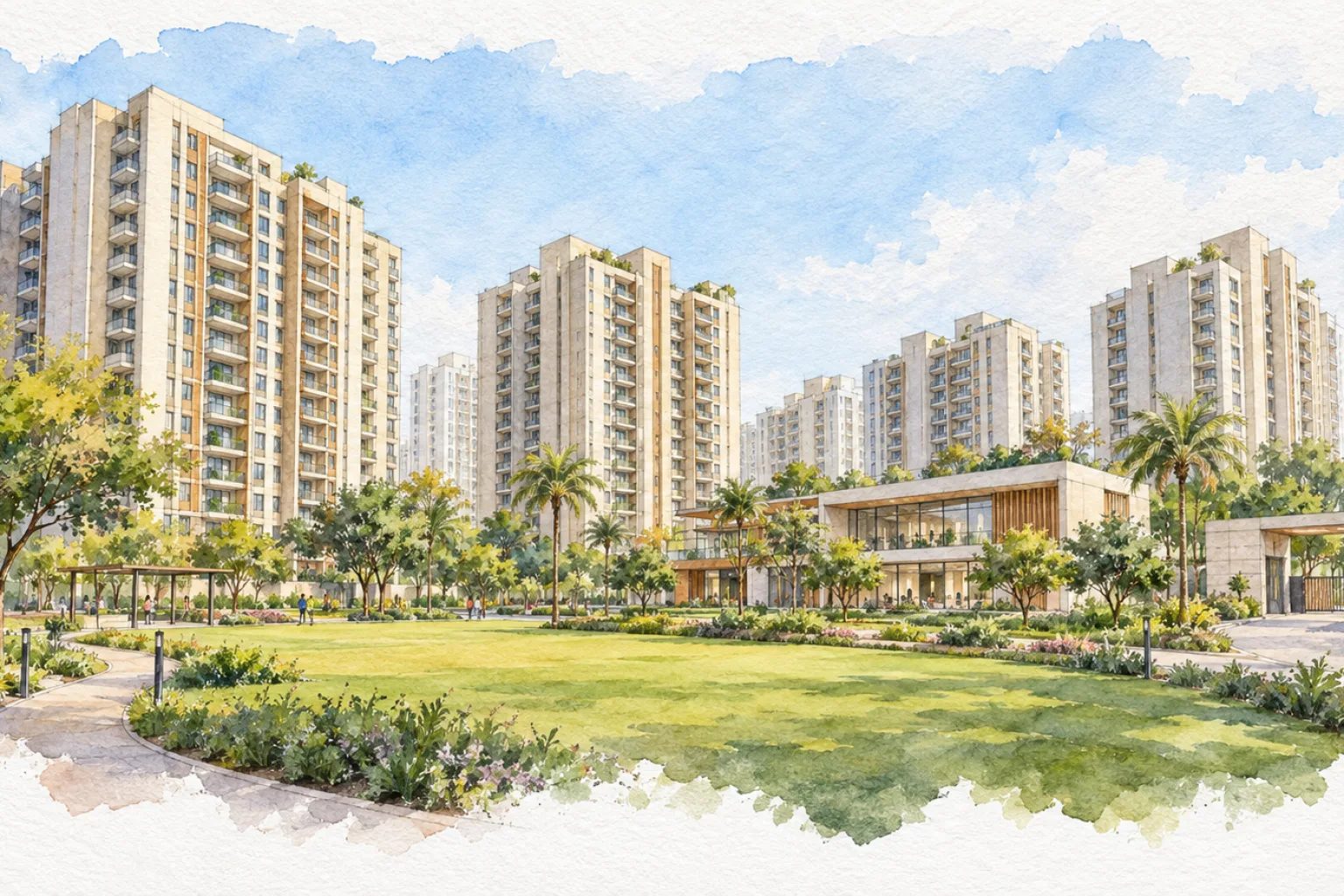 Watercolour illustration of Amrapali Crystal Homes (not the actual project)
