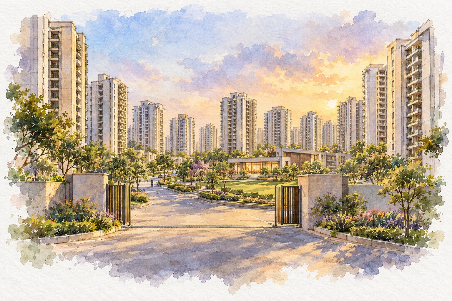Watercolour illustration of Amrapali Princely Estate (not the actual project)