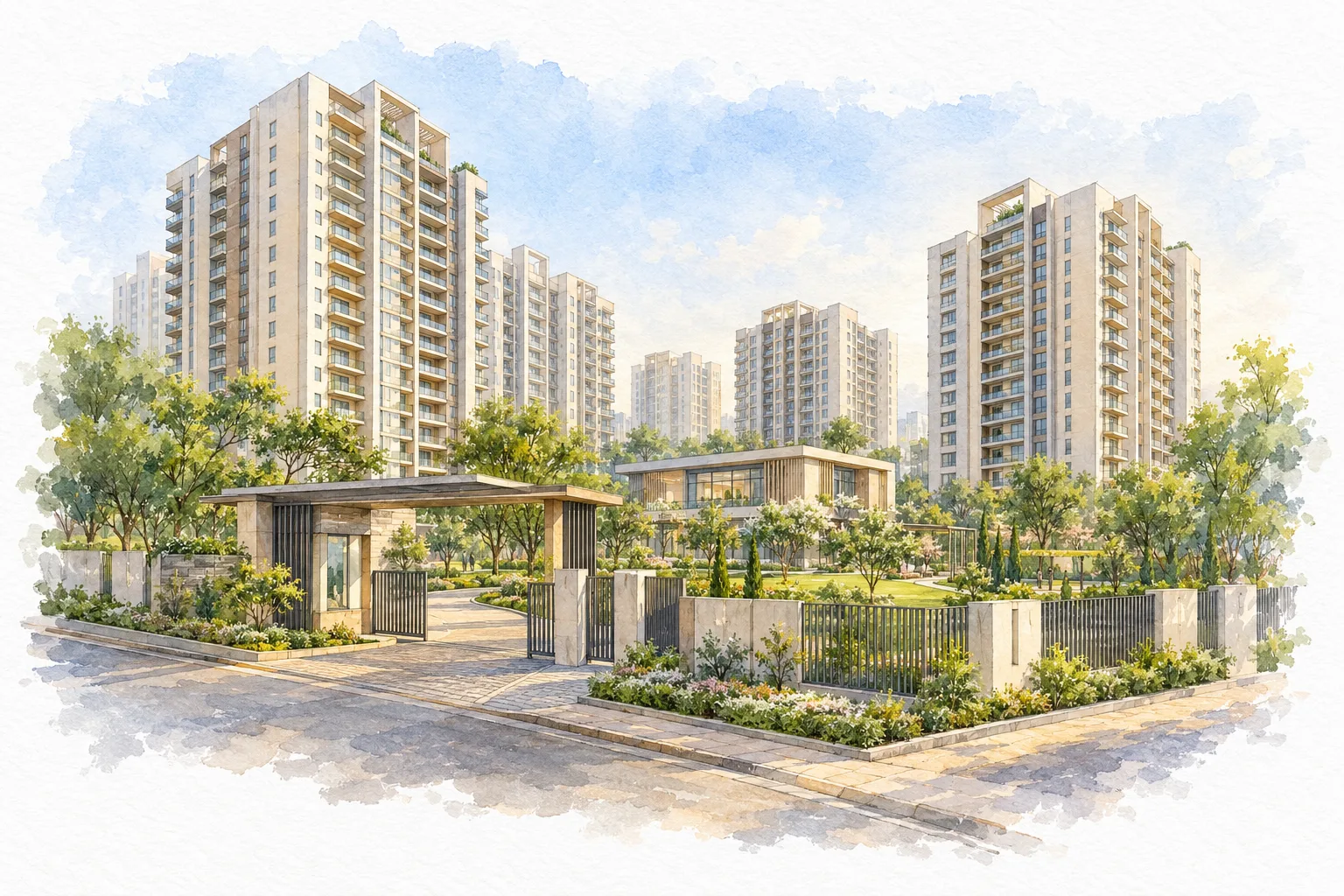 Watercolour illustration of Anand Niketan Sohna (not the actual project)