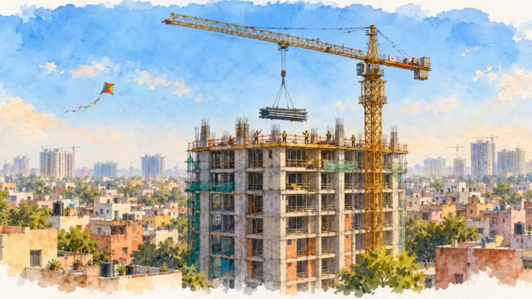 Watercolour illustration of a crane topping out a tall tower against a clear sky
