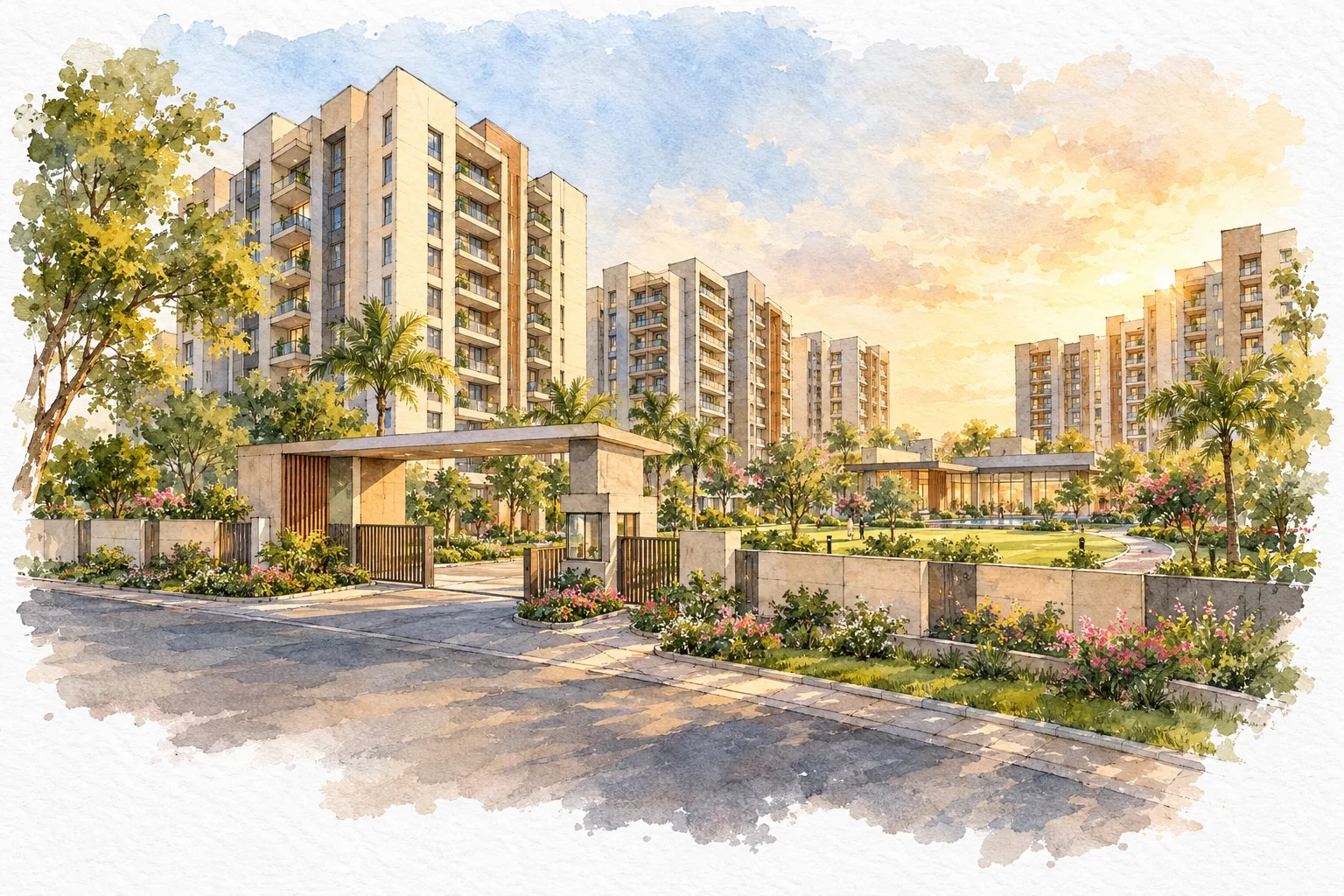Watercolour illustration of Ansal Anand Lok Sonipat (not the actual project)