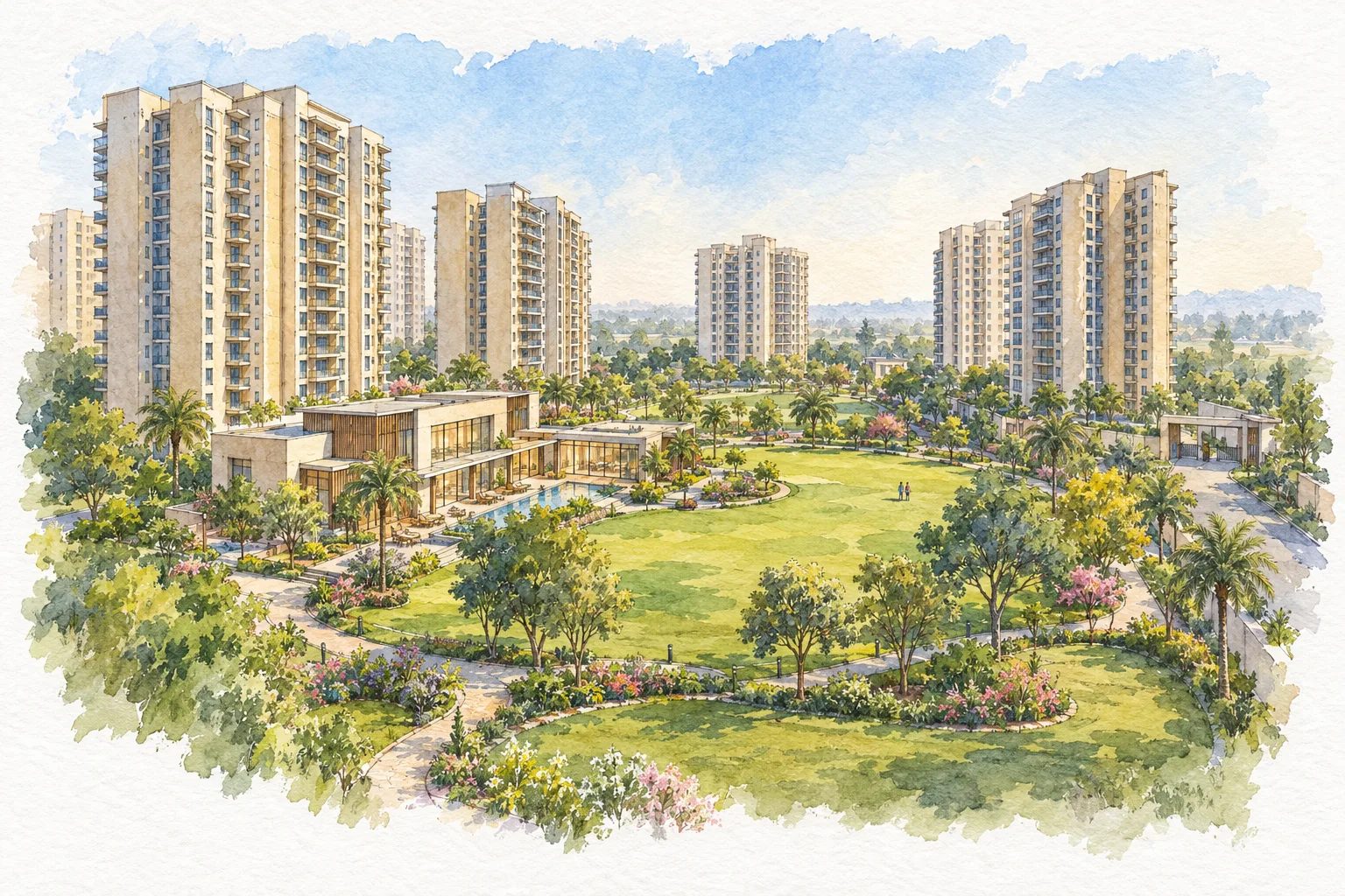 Watercolour illustration of Ansal Sushant City Kundli Zone-1 (not the actual project)