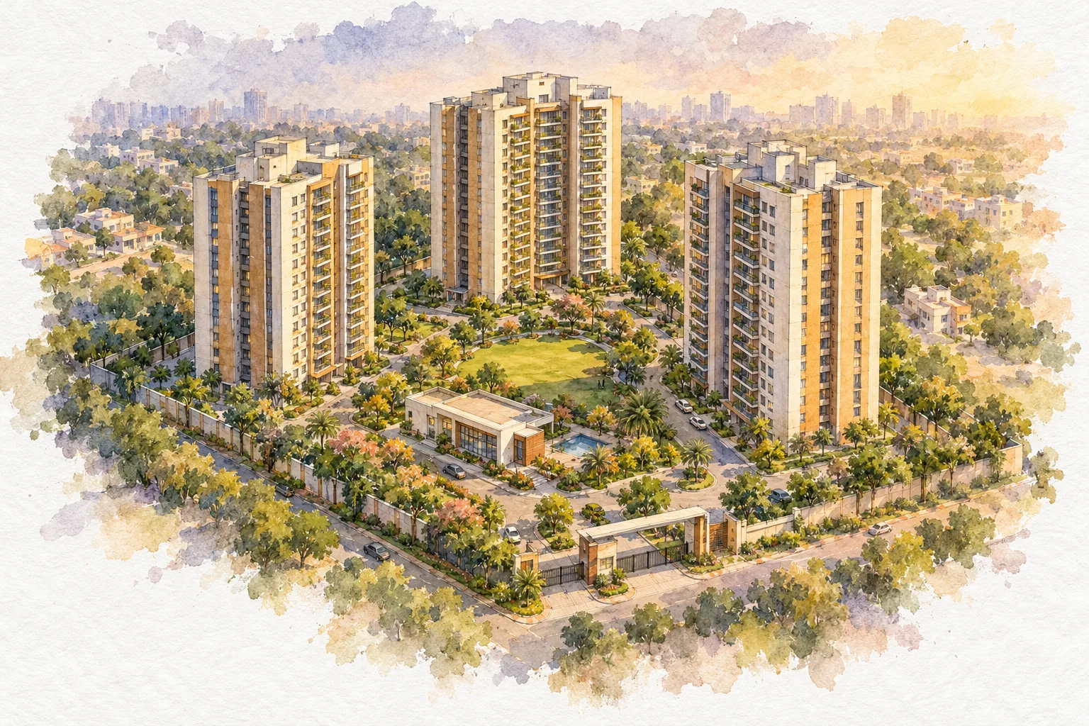 Watercolour illustration of Aradhyam Spa City (not the actual project)