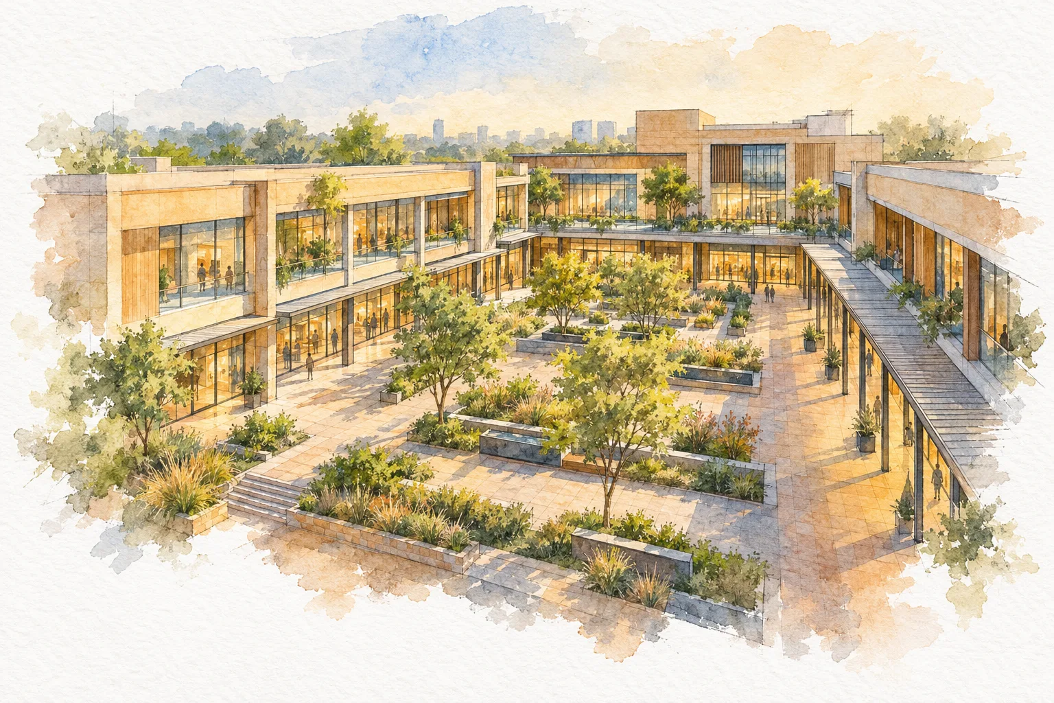 Watercolour illustration of Ashiana Anmol Plaza (not the actual project)