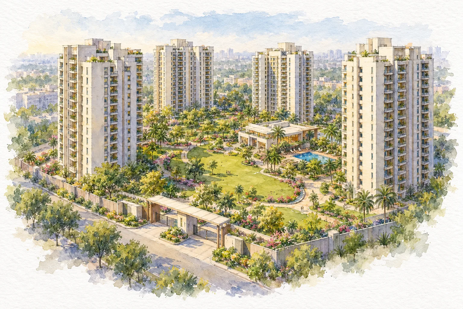 Watercolour illustration of Aspire Centurian Park (not the actual project)