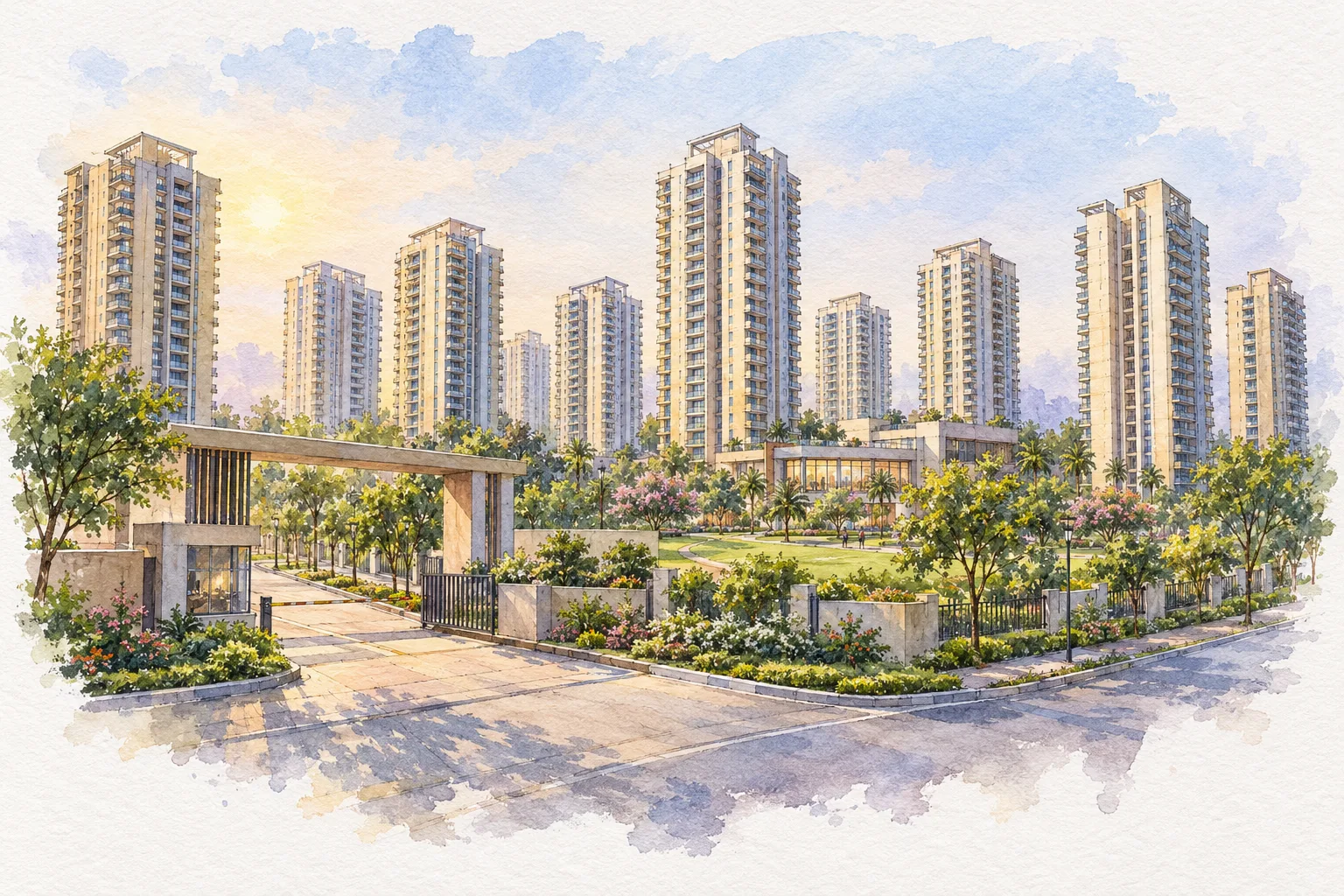 Watercolour illustration of Aspire Golf Homes (not the actual project)