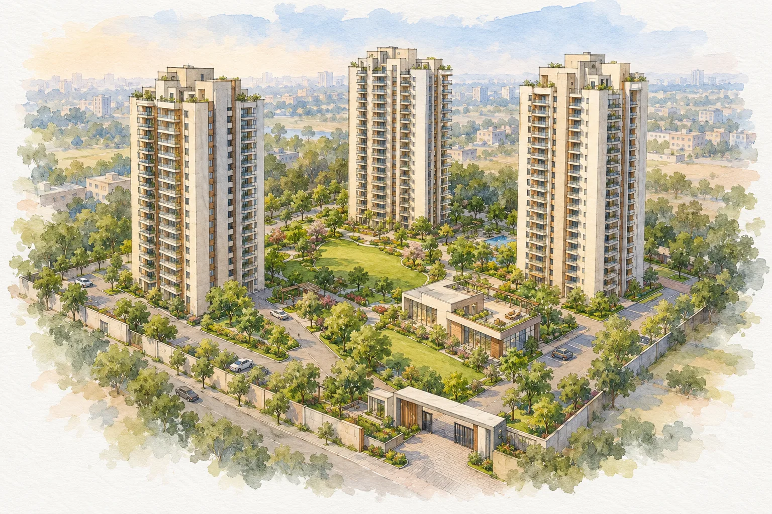 Watercolour illustration of Assotech Celeste Towers (not the actual project)