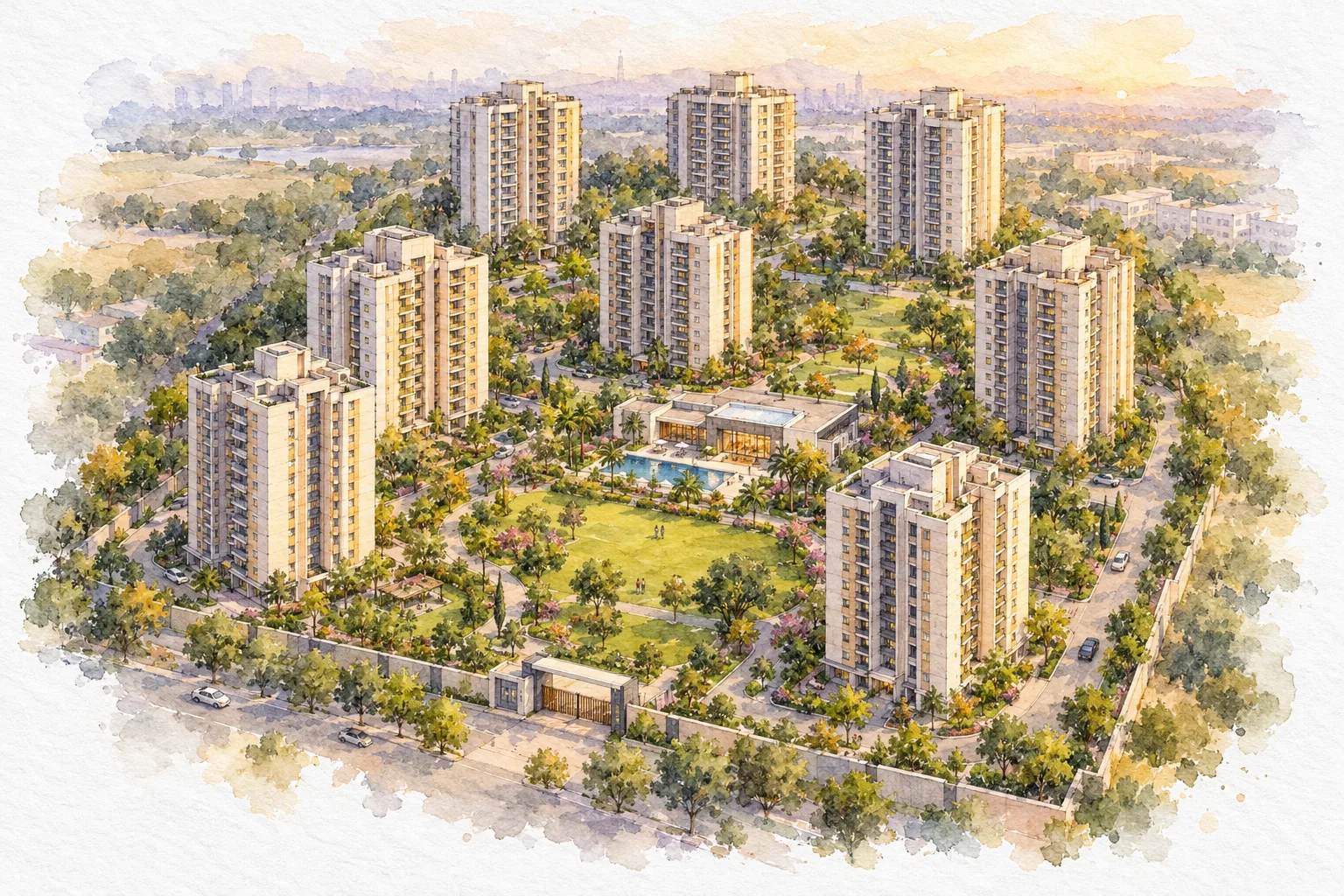Watercolour illustration of ATS Kingston Heath (not the actual project)