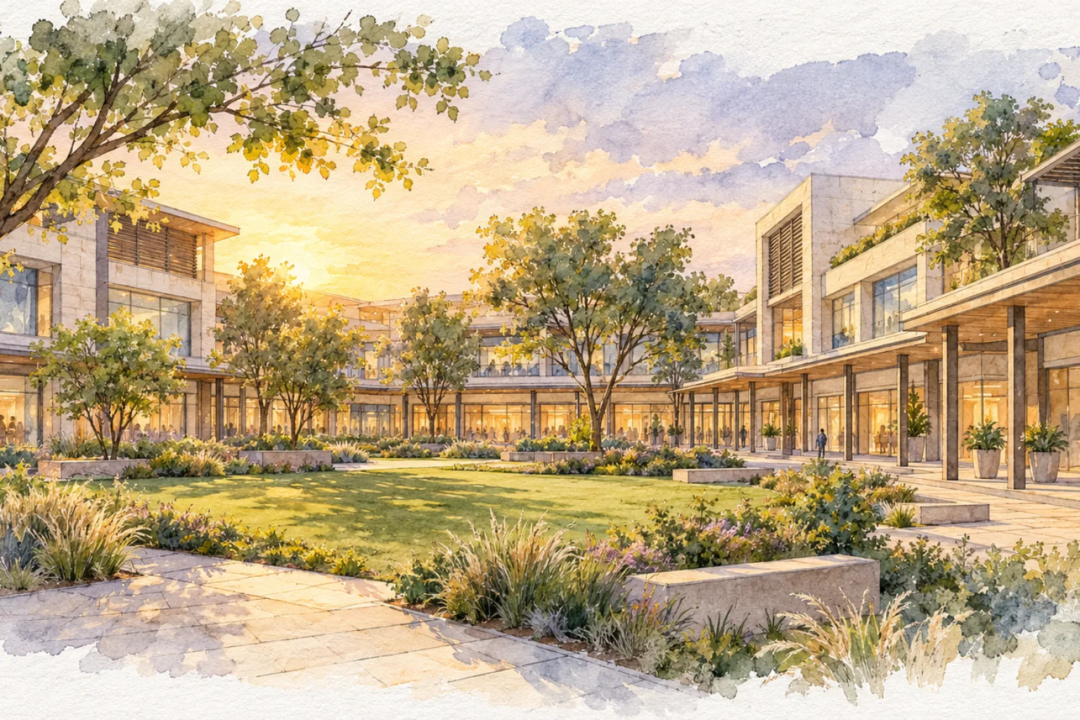 Watercolour illustration of AU Family Hub (not the actual project)