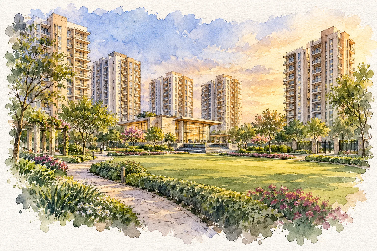 Watercolour illustration of Aum Green Residency (not the actual project)