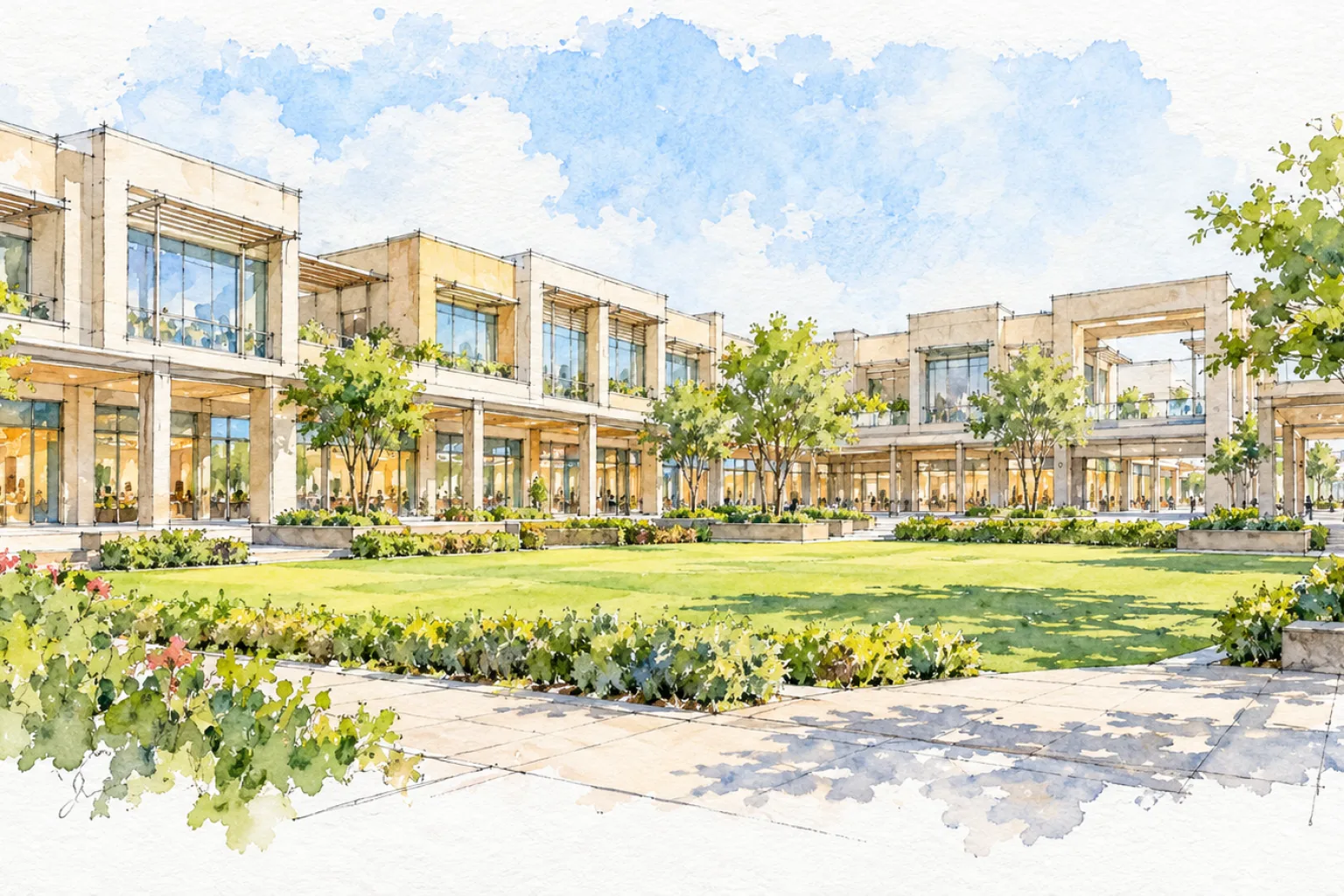 Watercolour illustration of Auric Universal Square (not the actual project)