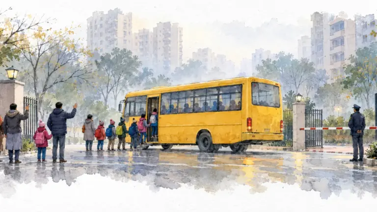 Watercolour illustration of children boarding a school bus at a society gate on a foggy morning