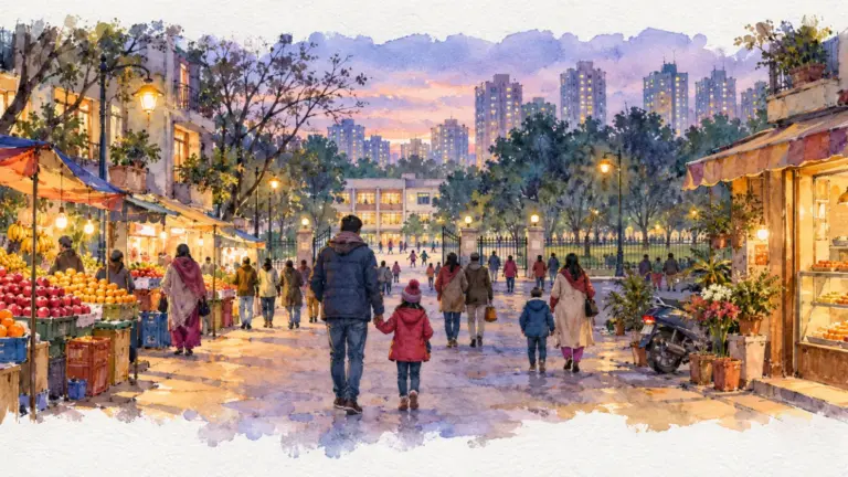 Watercolour illustration of families strolling a neighbourhood market street at dusk