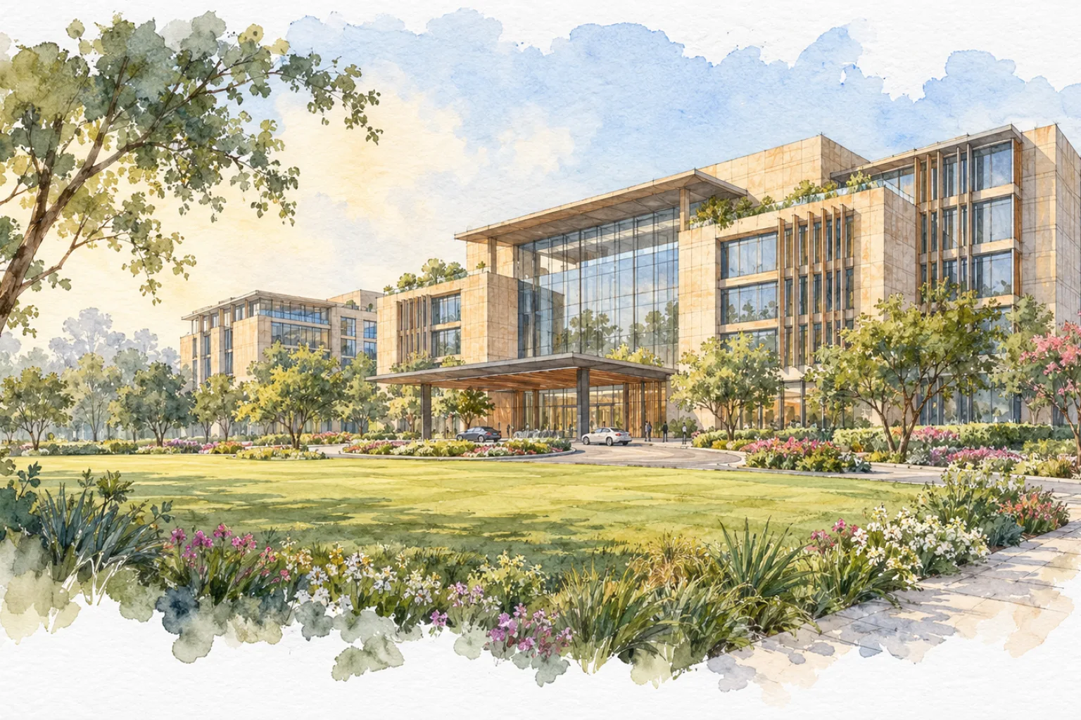 Watercolour illustration of Bharat Business Park (not the actual project)
