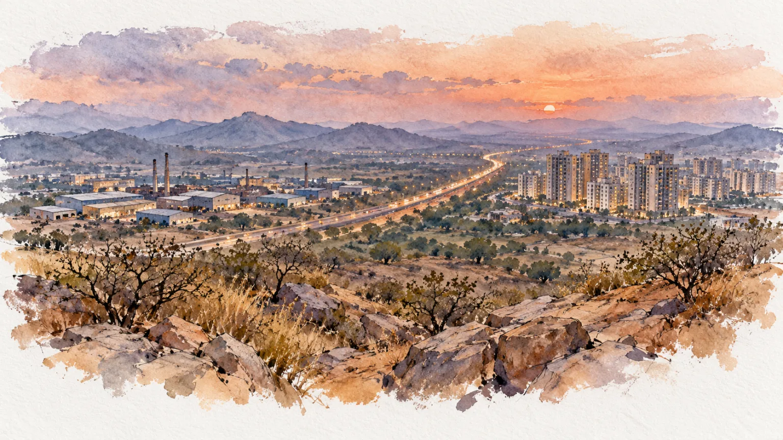Watercolour illustration of an industrial town and new towers beside a highway, seen from Aravalli hills