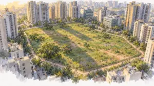 Watercolour illustration of a vacant fenced green land parcel among tall towers