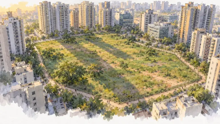 Watercolour illustration of a vacant fenced green land parcel among tall towers