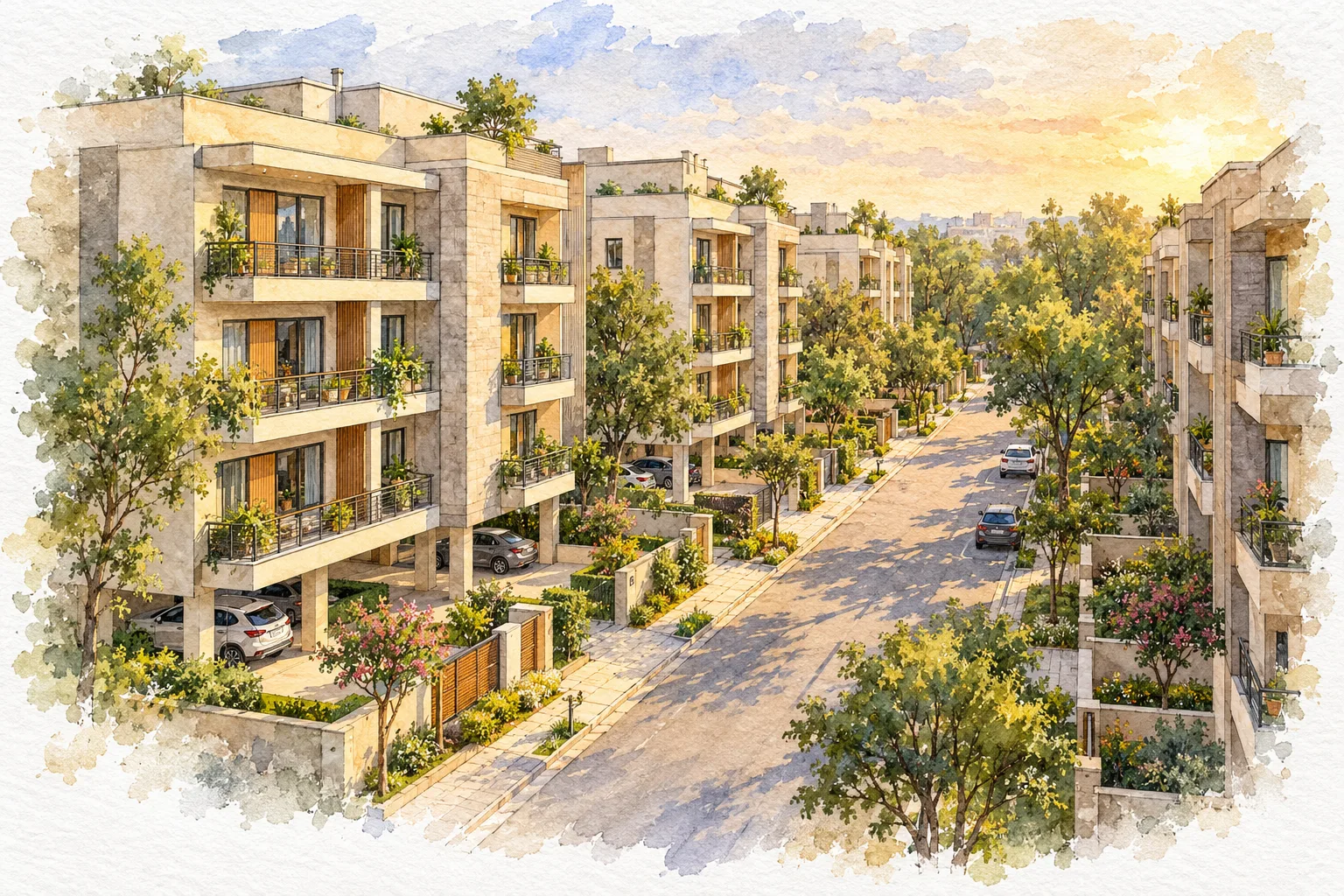 Watercolour illustration of Birla Navya Avik Phase 2 (not the actual project)