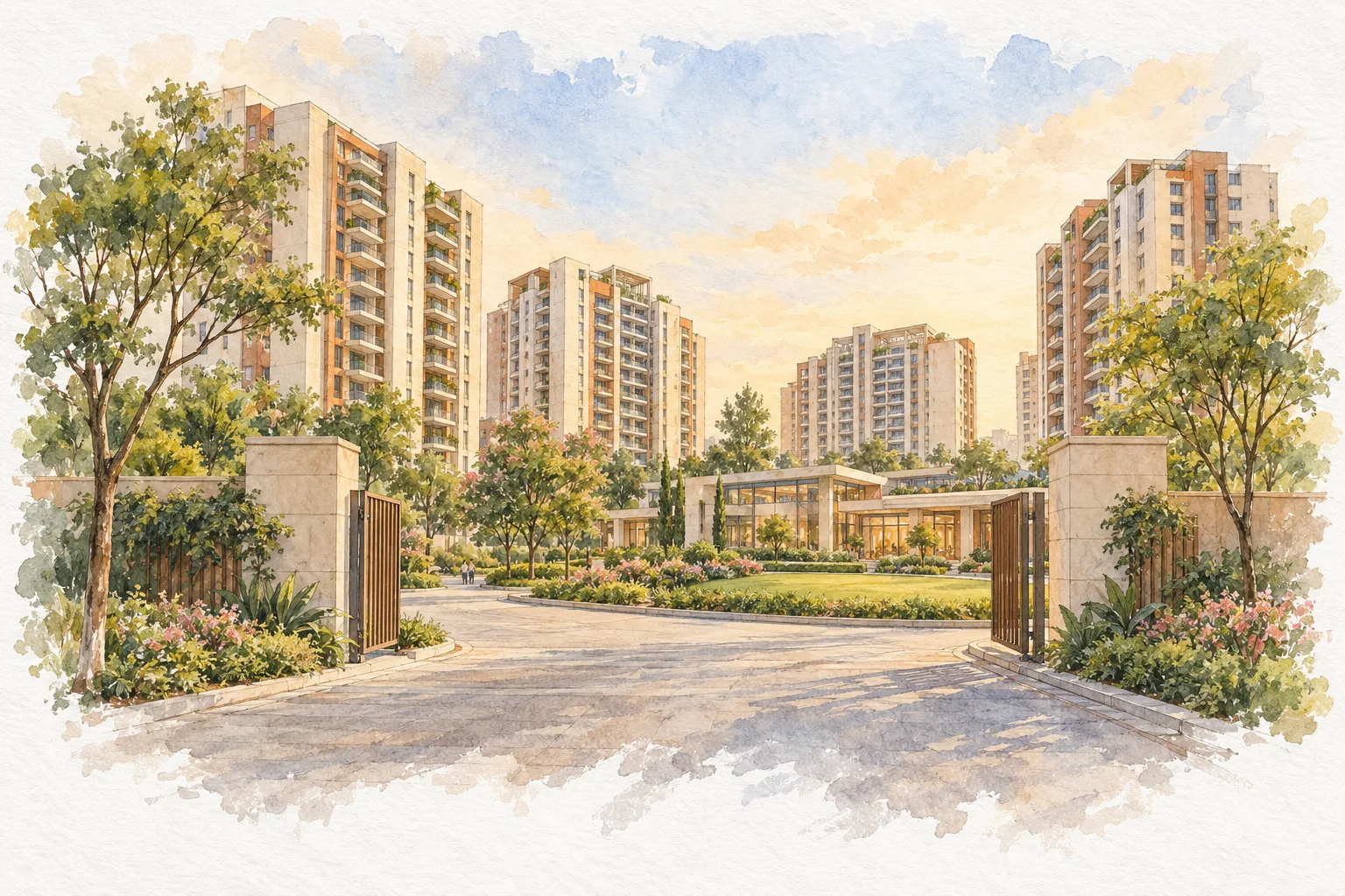 Watercolour illustration of BPTP 102 Eden Estate III (not the actual project)
