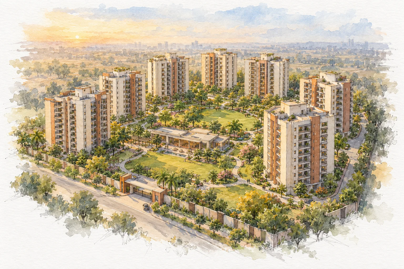 Watercolour illustration of BPTP Wa Vana (not the actual project)