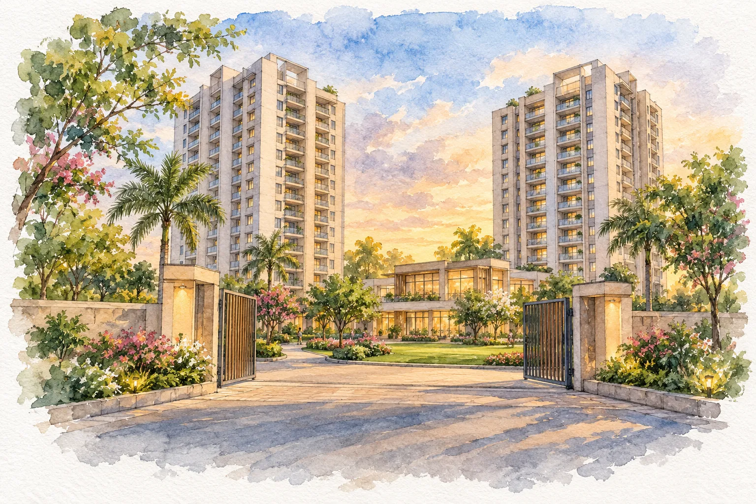 Watercolour illustration of Broadway Residences (not the actual project)
