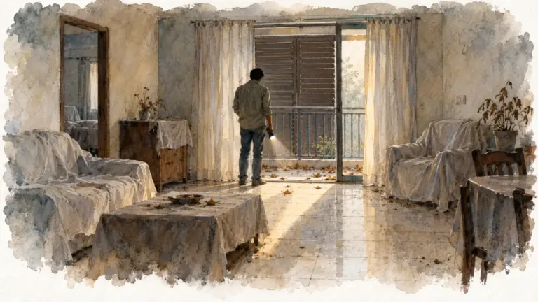 Watercolour illustration of a buyer with a torch inspecting a dusty, closed-up flat